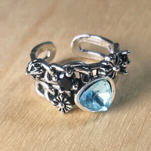 Adjustable | Floral 925 Sterling Silver Ring with Blue Teardrop Stone